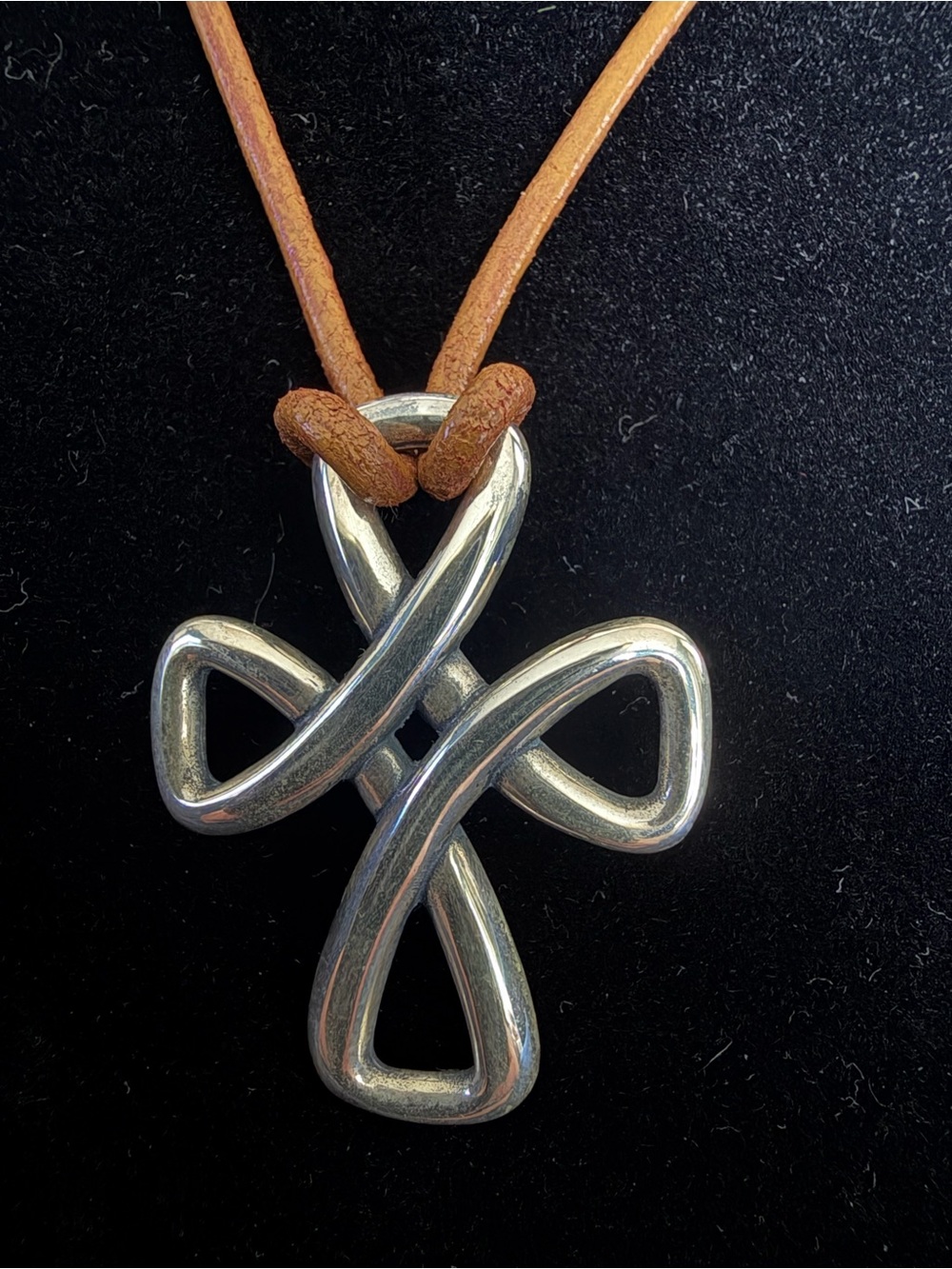 James Avery Sterling Silver Cross Pendant on Brown Leather adjustable necklace